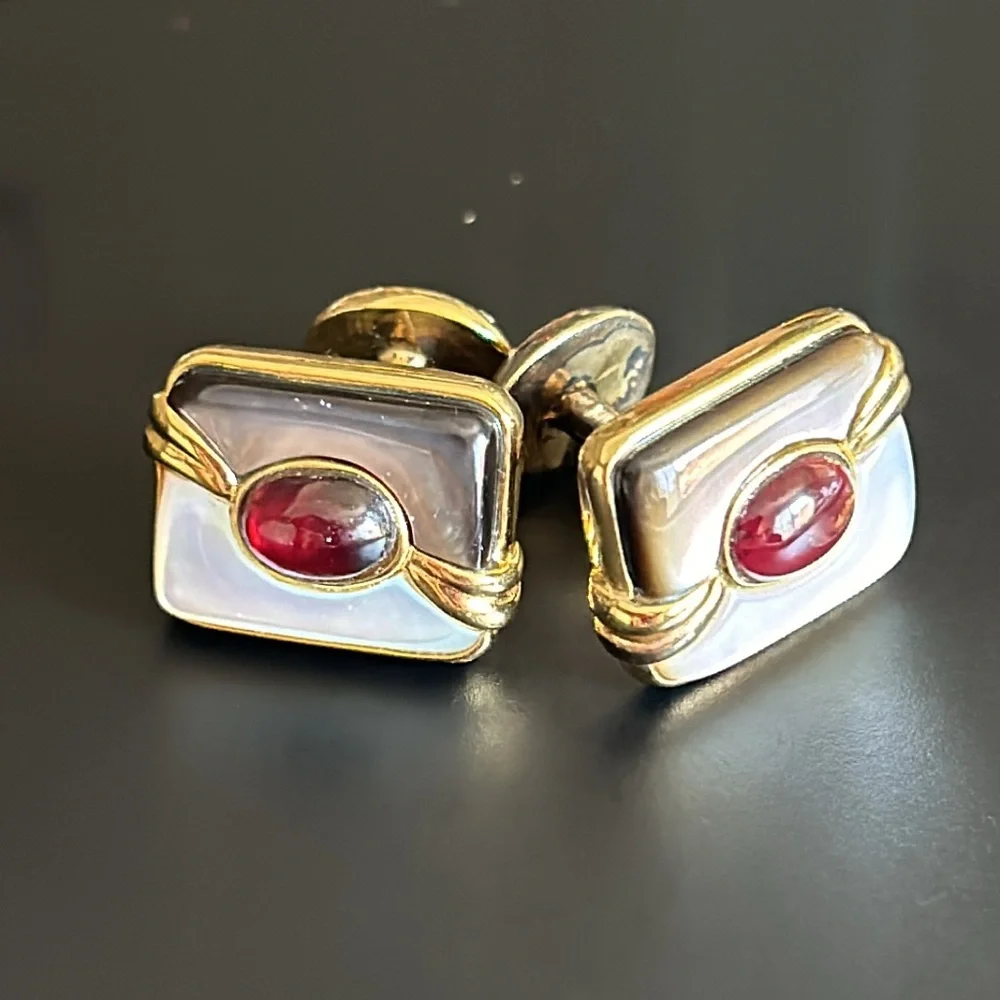 Vintage Kylo Sterling Silver Gold plated Garnet MOP Cufflinks